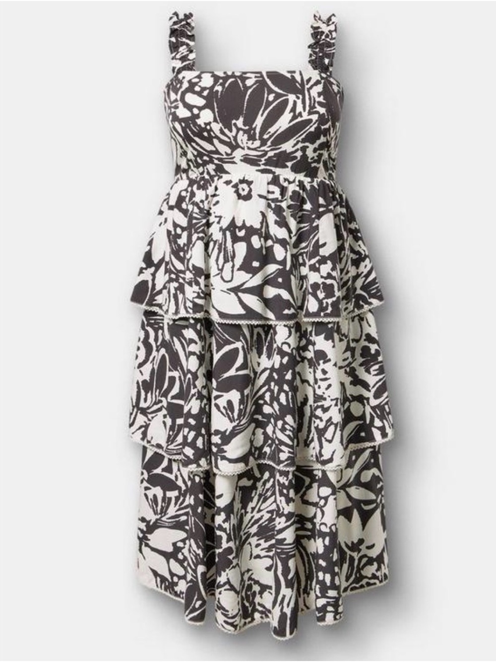 Tiered Floral Midi Dress in Black and White